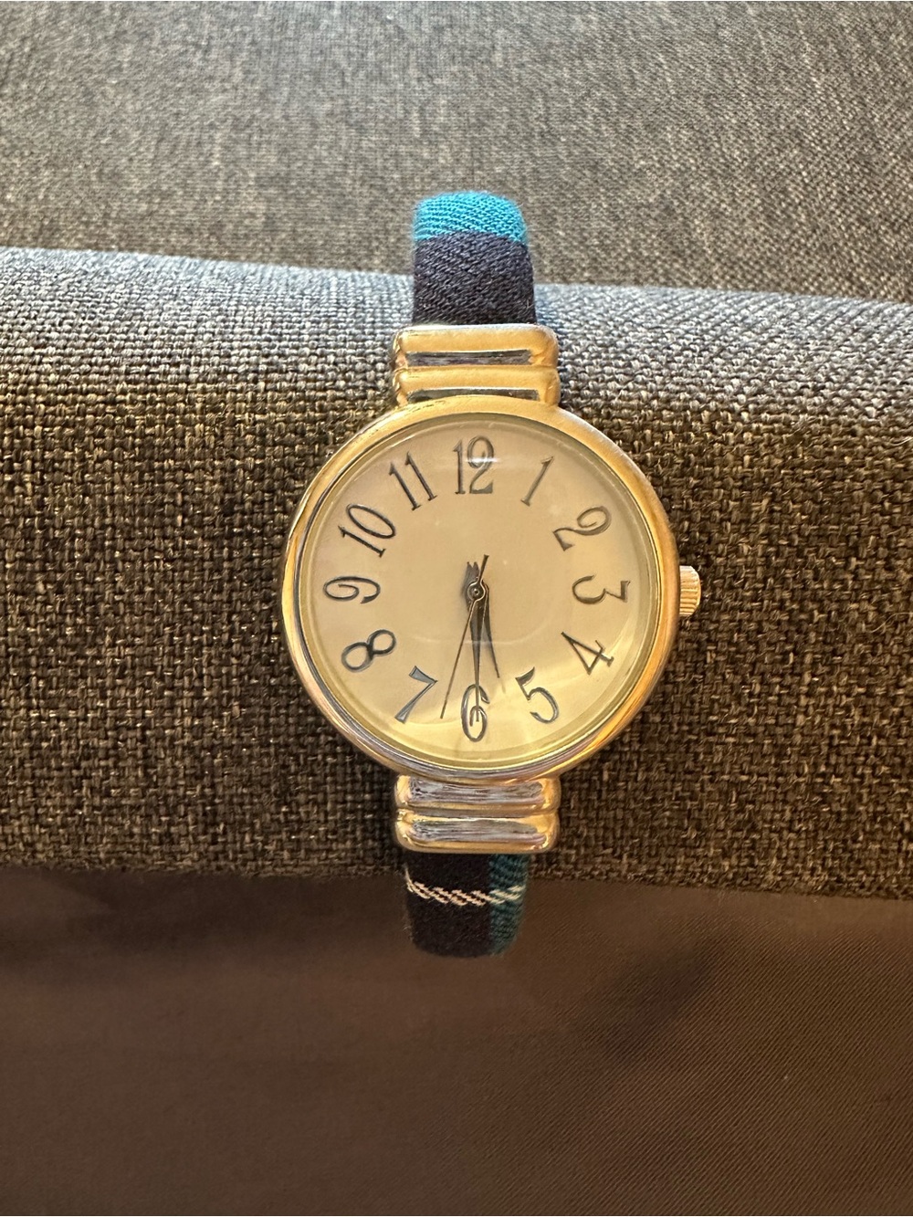 Silver-Tone Round Watch with Blue and Black Fabric Strap
